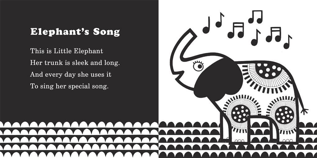 Illustration of a stylized elephant with musical notes and text on a black and white background