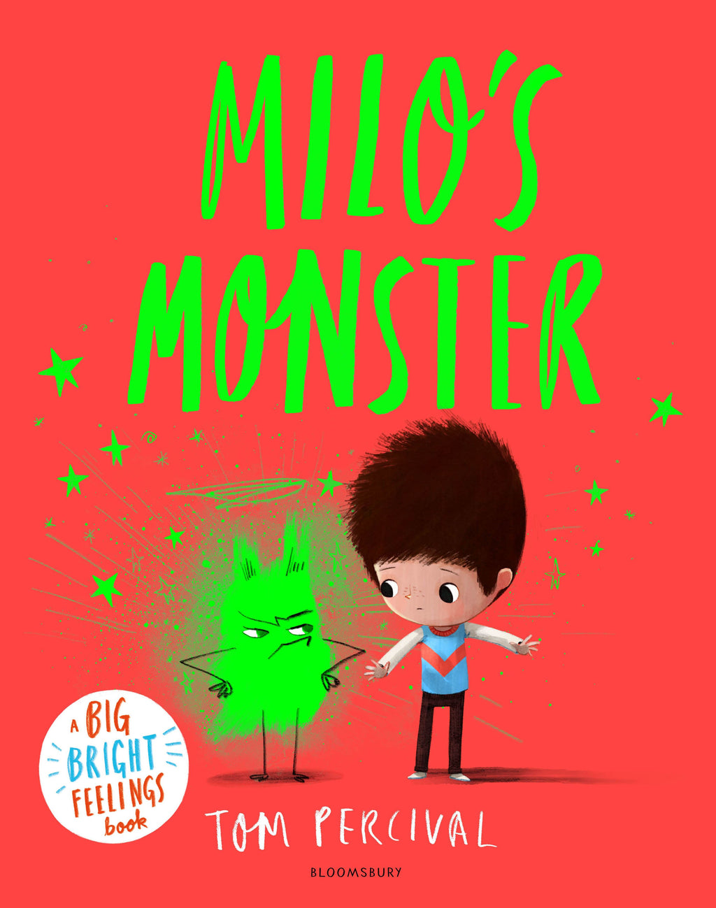 Book cover of 'Milo's Monster' with a child and green monster illustration on a red background.
