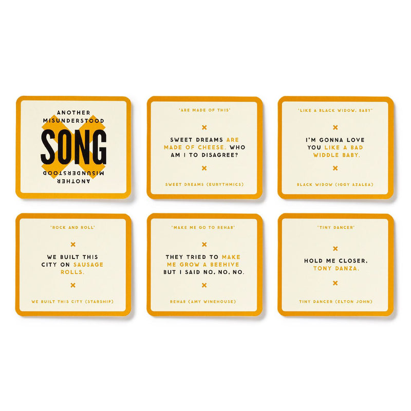 Set of six yellow coasters with black text on a white background