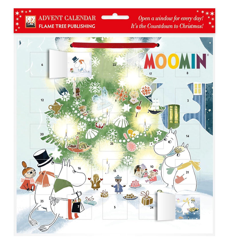 Moomin advent calendar with characters and festive design, published by Flame Tree Publishing.