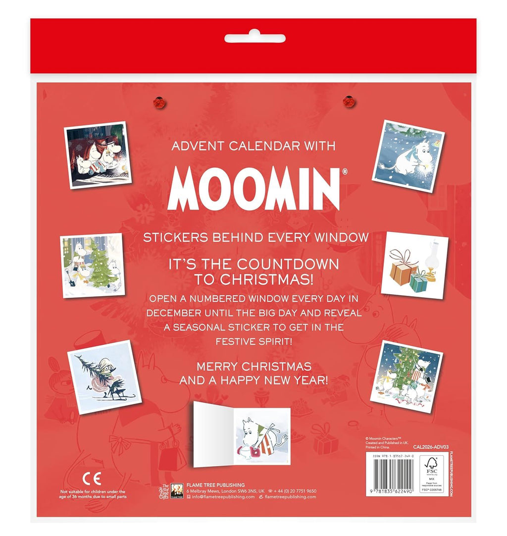 Advent calendar packaging with Moomin stickers on a red background
