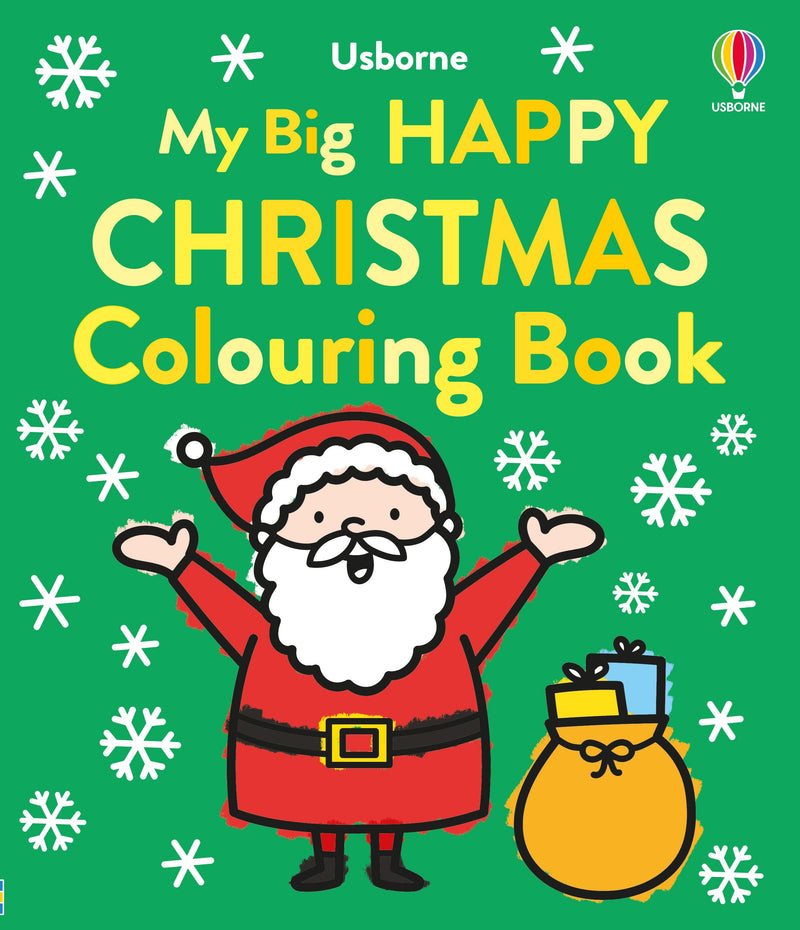 Book cover of 'My Big Happy Christmas Colouring Book' with Santa Claus on a green background.
