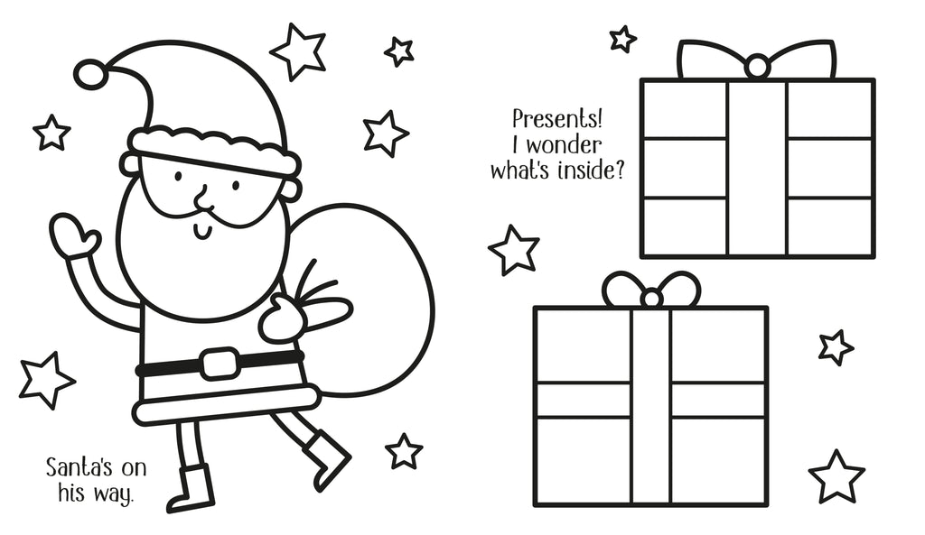 Coloring page with Santa Claus and presents, featuring stars and text.