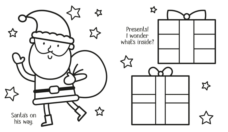 Coloring page with Santa Claus and presents, featuring stars and text.