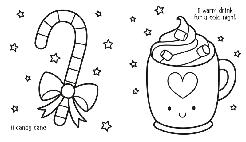 Black and white illustration of a candy cane and a hot chocolate mug with stars around them.