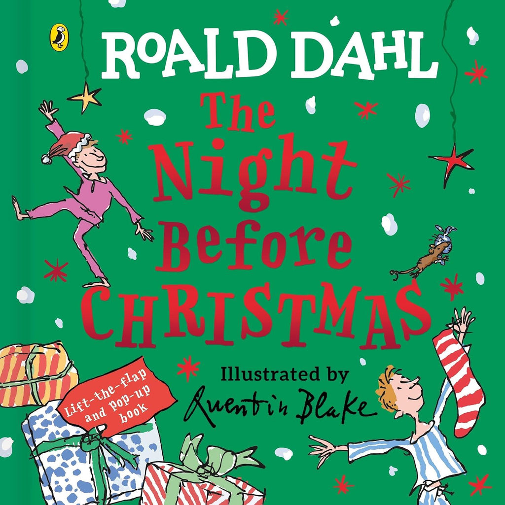 Book cover of 'The Night Before Christmas' by Roald Dahl with illustrations on a green background.