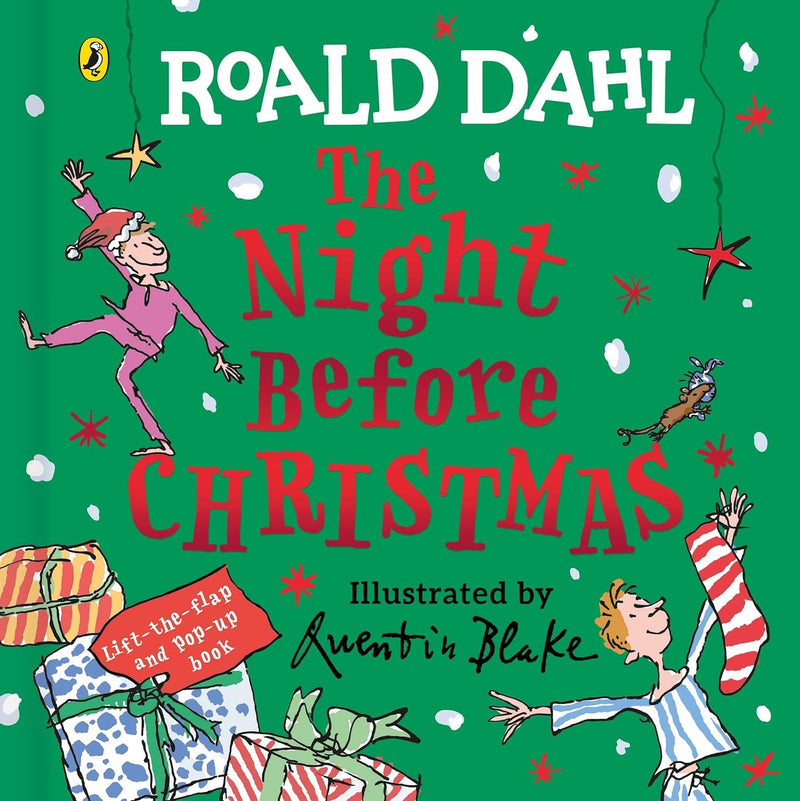 Book cover of 'The Night Before Christmas' by Roald Dahl with illustrations on a green background.