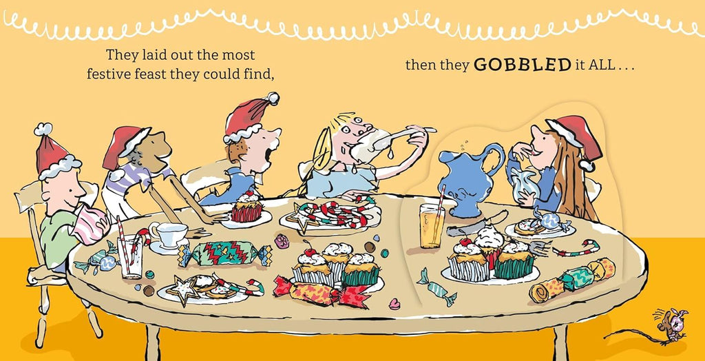 Book page with an illustration of animals at a festive feast with text about gobbling up the food.