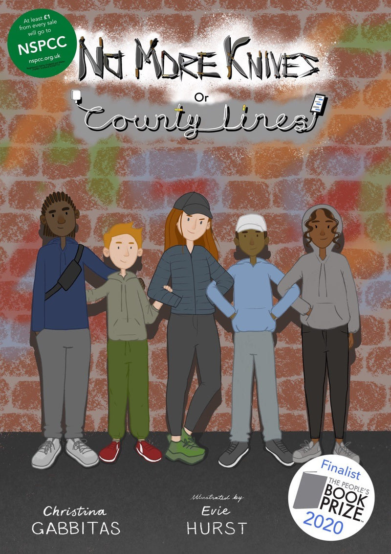 Book cover for "No More Knives or County Lines," featuring a powerful graphic of children linking arms in solidarity. The design emphasises unity and resilience - NSPCC SHOP