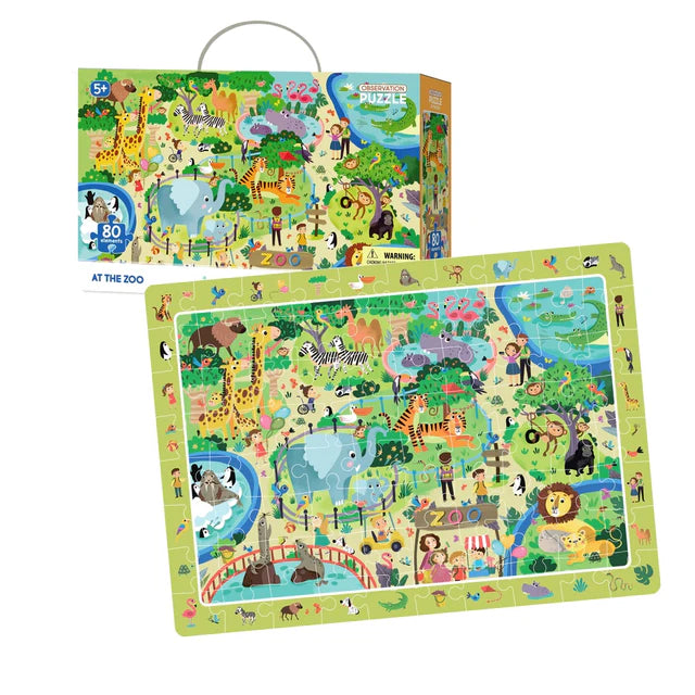 Children's puzzle with animals and zoo elements, featuring a carrying handle on the packaging.