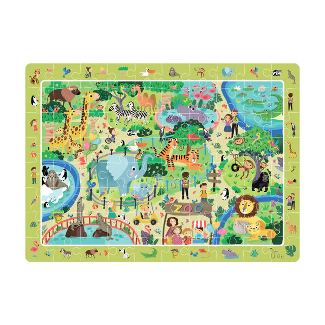 Children's puzzle mat with zoo-themed design on a green background