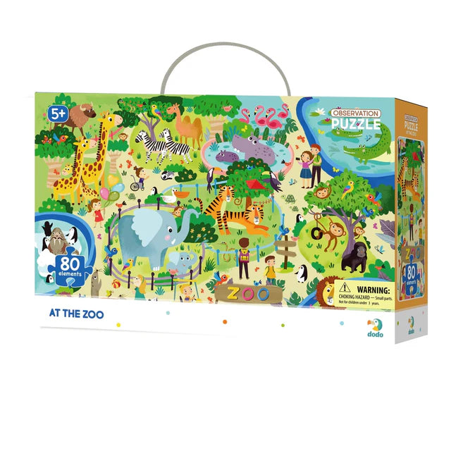 Jigsaw puzzle box with zoo-themed design on a white background