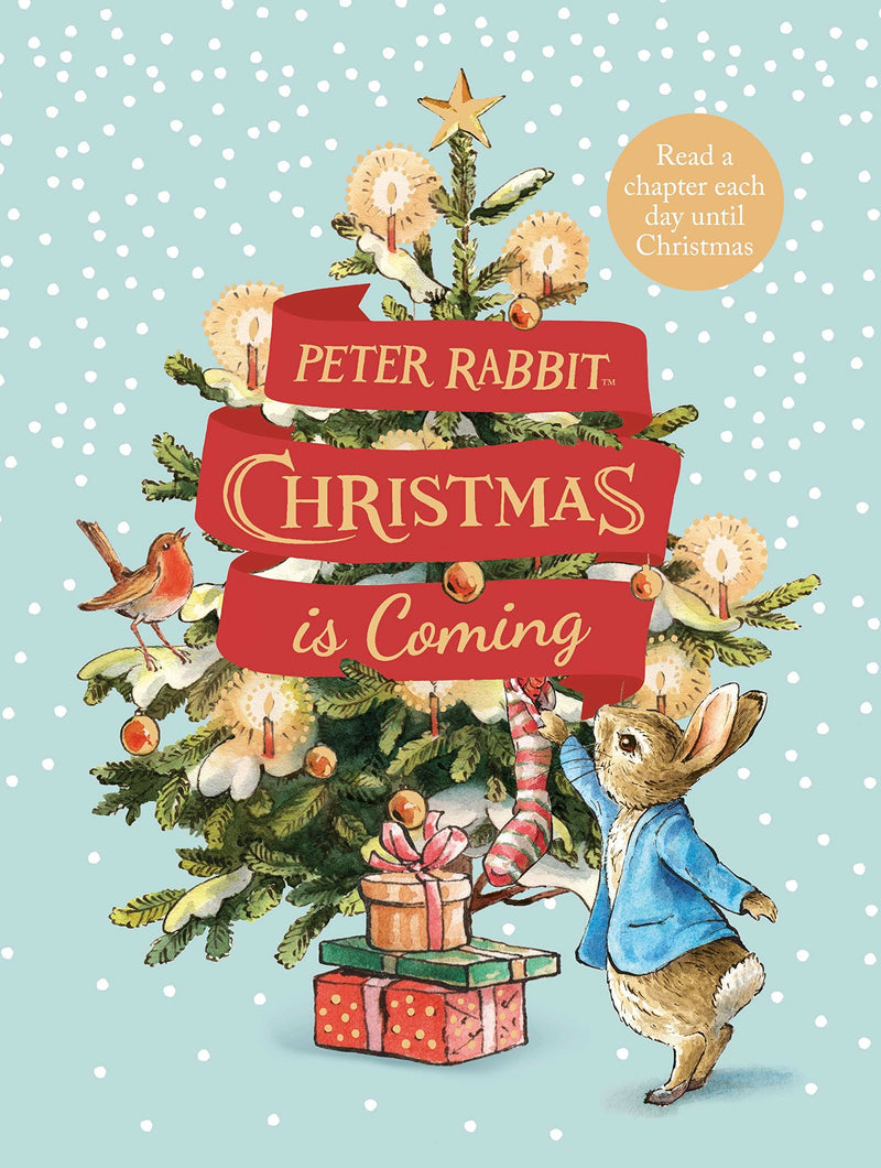 Book cover of 'Peter Rabbit Christmas is Coming' with a Christmas tree and Peter Rabbit illustration.