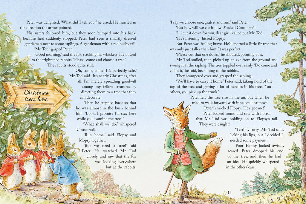 Illustrated book page with fox and rabbits, Christmas theme, and text.