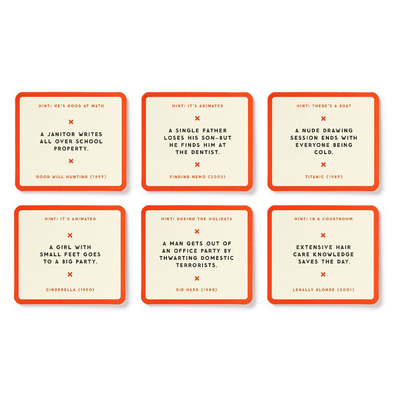 Set of six cards with movie references and humorous hints on a white background