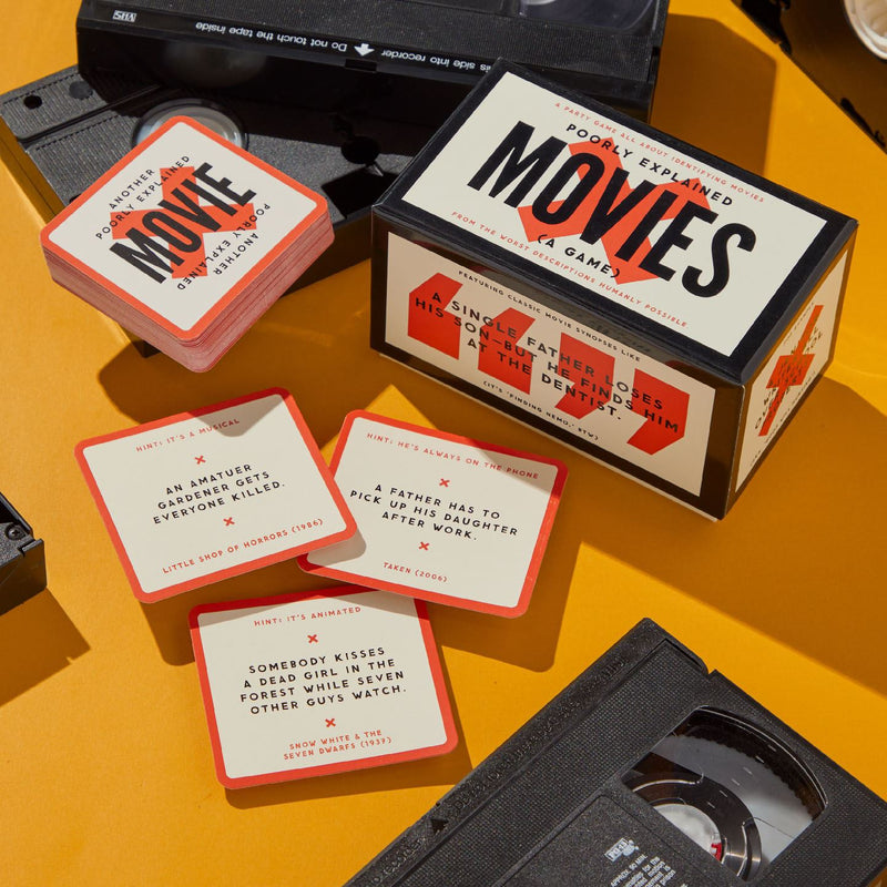 Board game box and cards titled 'Movies' on a yellow background with VHS tapes.