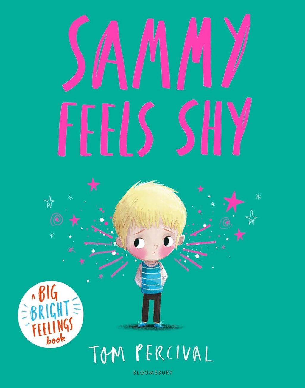 Book cover of 'Sammy Feels Shy' with a character illustration and title on a teal background.