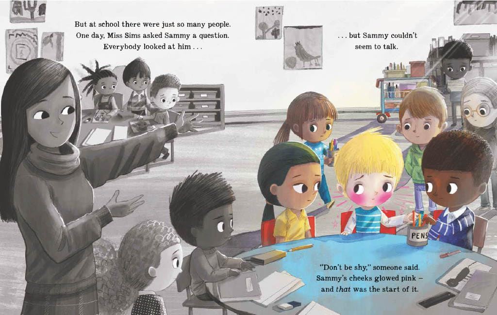 Illustration of a classroom scene with children and a teacher, depicting a story about a child named Sammy who is shy.
