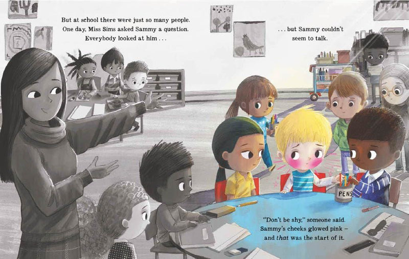 Illustration of a classroom scene with children and a teacher, depicting a story about a child named Sammy who is shy.
