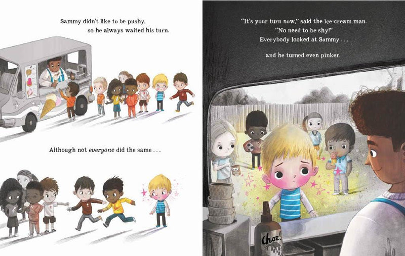 Illustrated book page with children at an ice cream truck.