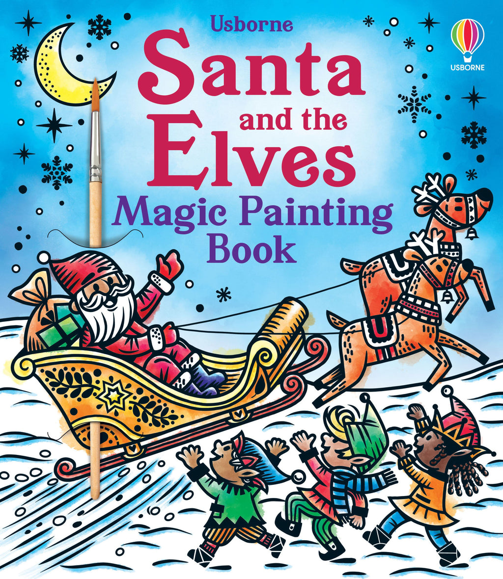 Book cover of 'Santa and the Elves Magic Painting Book' with Santa Claus, elves, and sleigh on a snowy background.