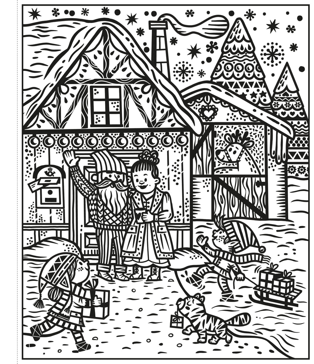 Illustration of children playing outside a house with snowflakes falling.