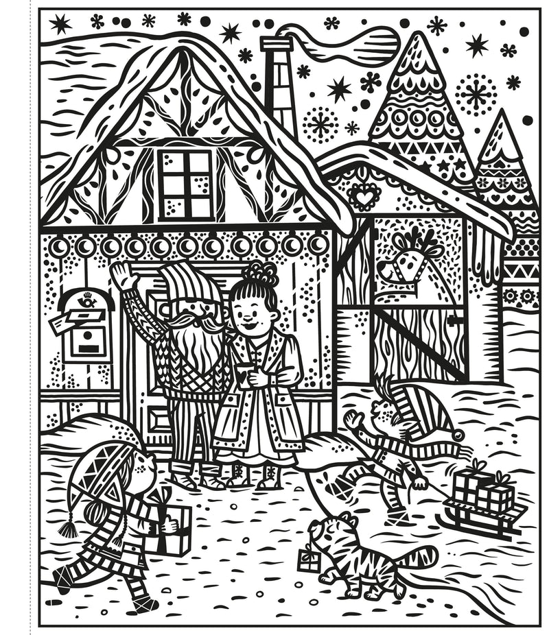 Illustration of children playing outside a house with snowflakes falling.