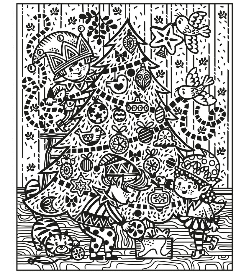 Coloring page with a Christmas tree and decorative elements on a white background