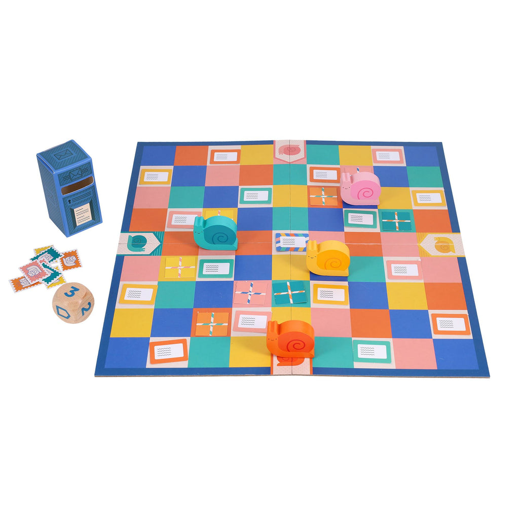 Colorful board game with pieces and cards on a white background