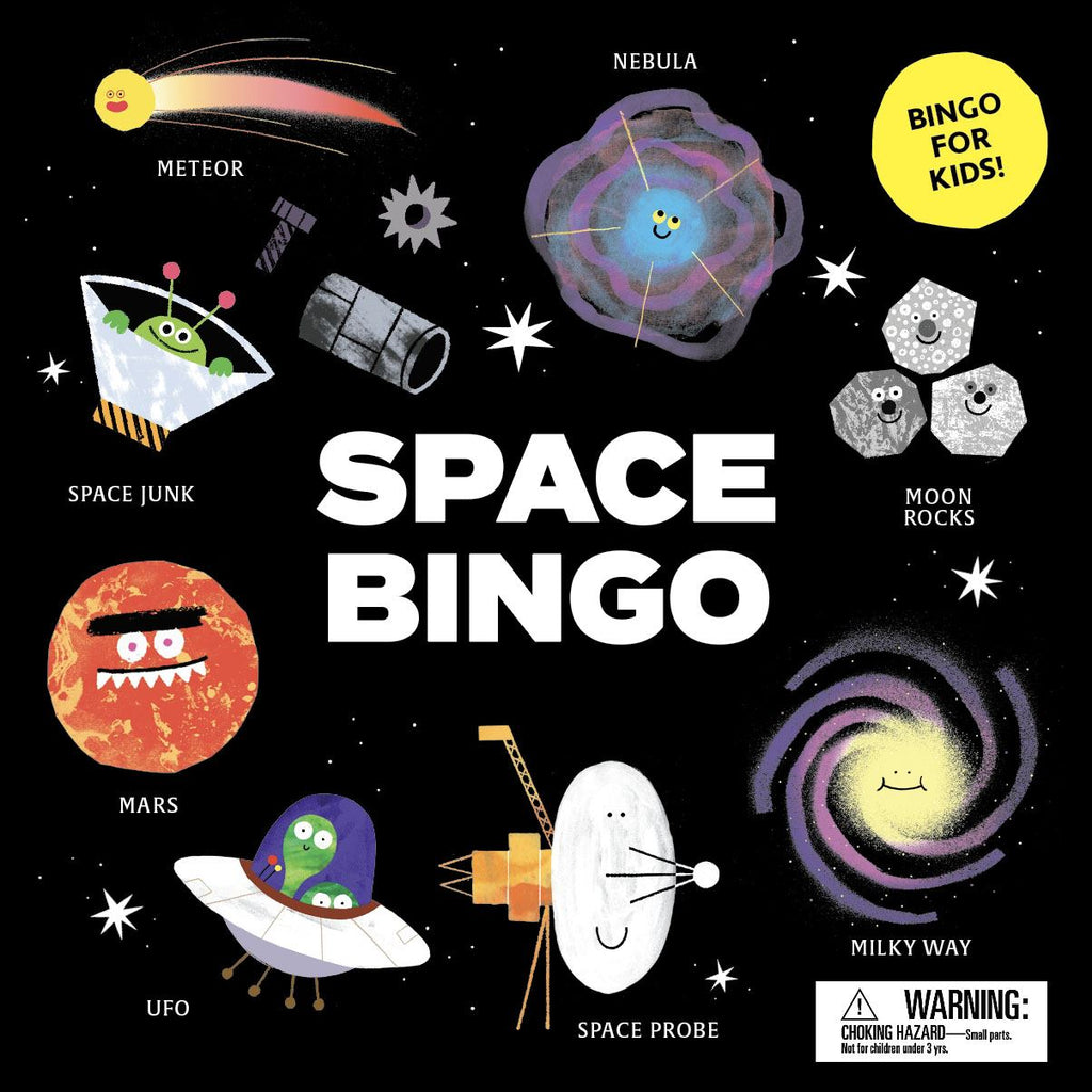 Space-themed bingo card box with various space-related items and text.