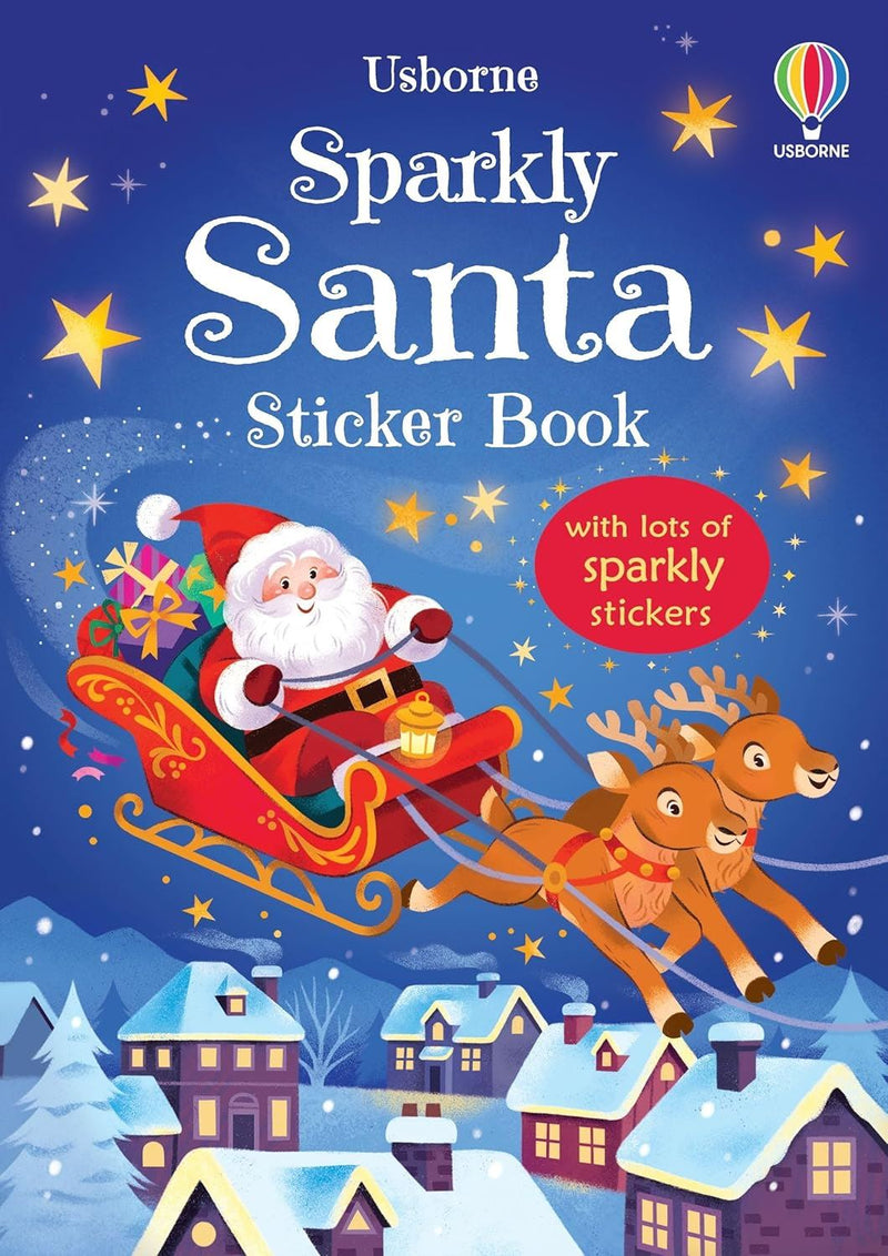 Usborne Sparkly Santa Sticker Book cover with Santa and reindeer in a snowy village