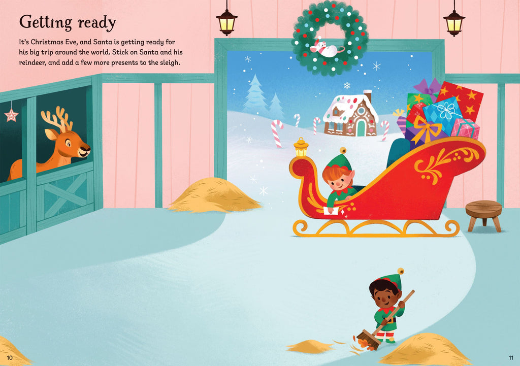 Illustration of Santa preparing for his Christmas Eve trip, with elves and reindeer in a snowy scene.