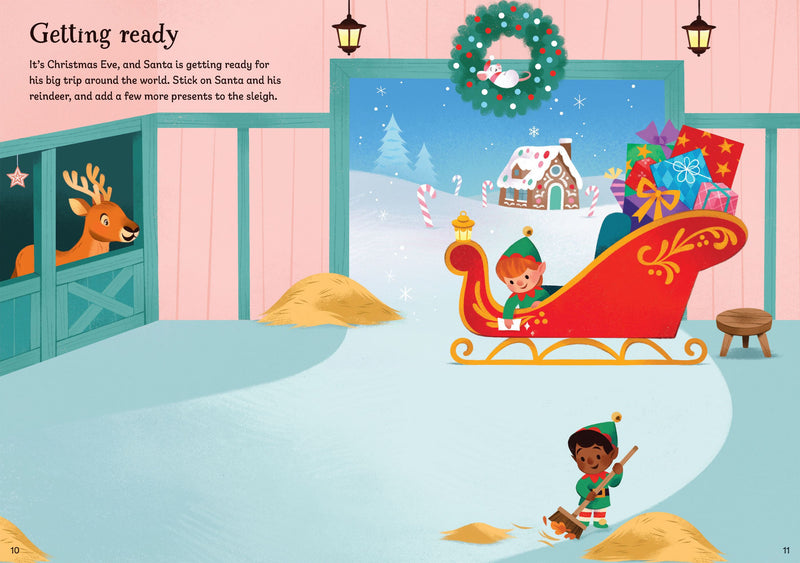 Illustration of Santa preparing for his Christmas Eve trip, with elves and reindeer in a snowy scene.