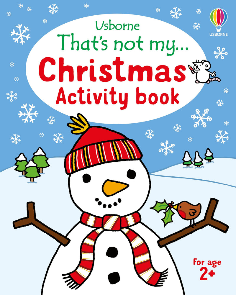 Book cover of 'That's not my Christmas Activity book' with a snowman illustration and Usborne logo.