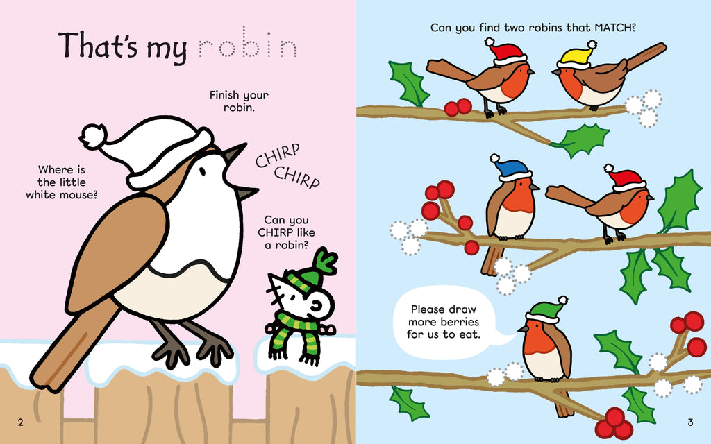Children's book page with a robin illustration and matching game on a pink background