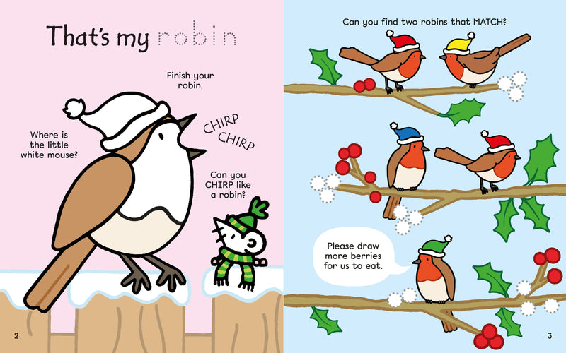Children's book page with a robin illustration and matching game on a pink background