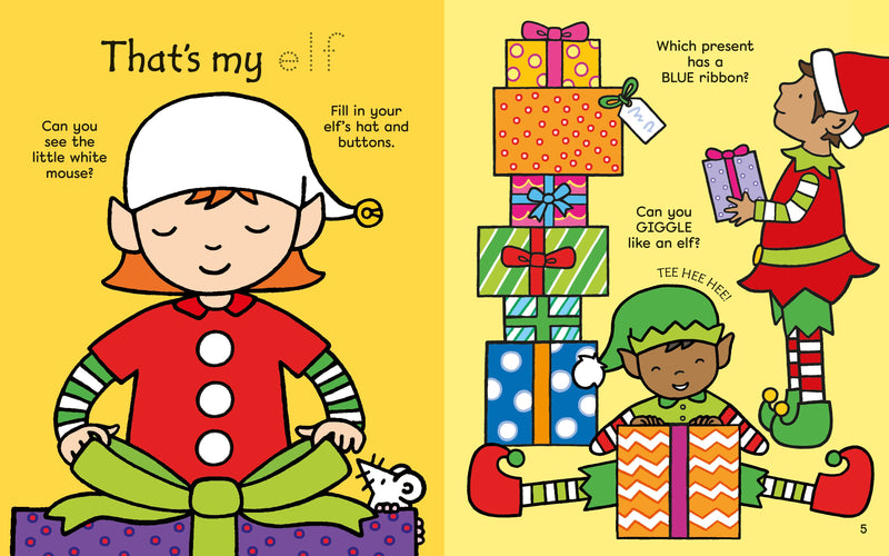 Illustrated page from a children's book featuring Christmas elves and presents.