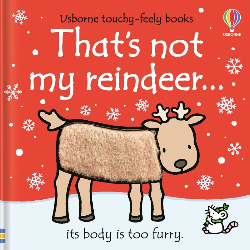 Book cover of 'That's not my reindeer' with a red background and reindeer illustration.