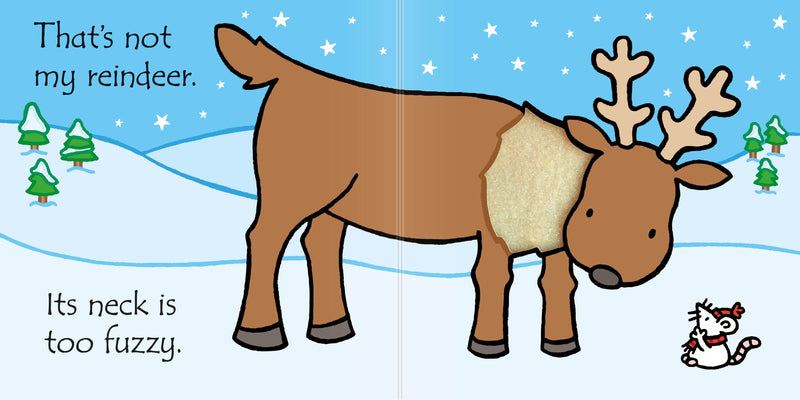 Illustration of a reindeer with text about it not being the correct reindeer, set against a snowy background.