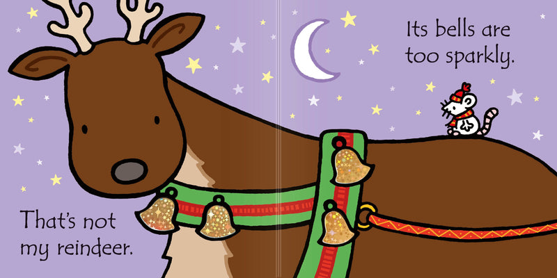 Illustration of a reindeer with bells on its neck and back against a starry night sky.