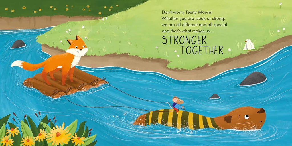 Illustration of a fox and a beaver crossing a river together, with text encouraging unity.