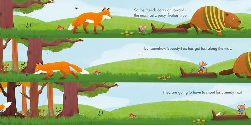 Illustrated scene from a children's book with a fox, mouse and beaver in a forest setting.