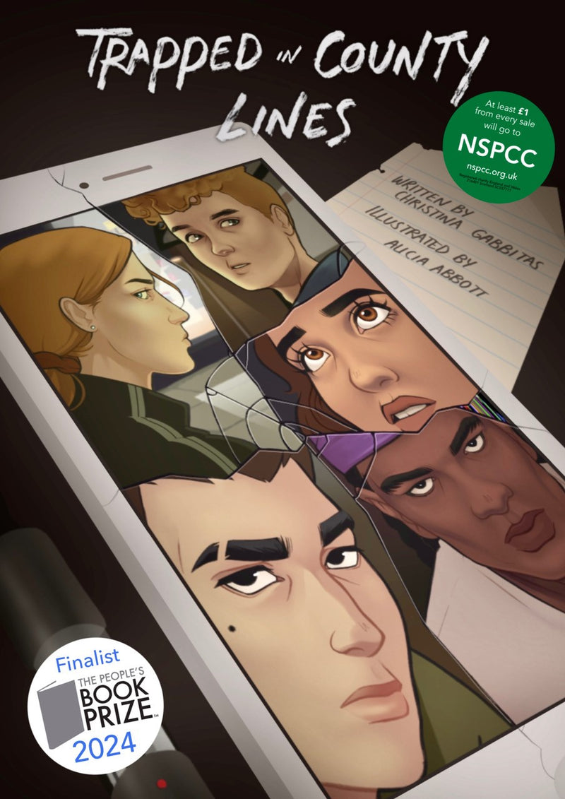 Book cover for "Trapped in County Lines," featuring a vibrant comic-style graphic of a cracked mobile phone. The screen displays a collage of teenagers' faces, highlighting the personal impact of county lines issues. The bold colours and dynamic design convey a sense of urgency and emotion- NSPCC SHOP