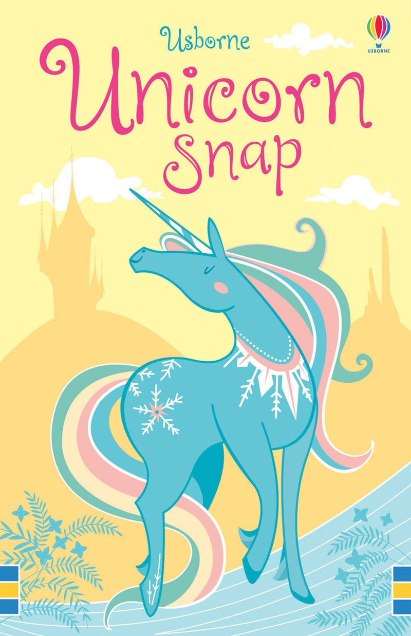 Cover of 'Unicorn Snap' with a blue unicorn on a yellow background, featuring the Usborne logo.