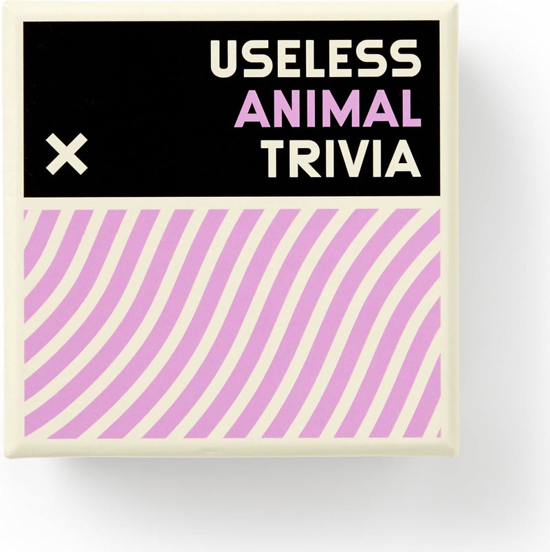 Box with 'Useless Animal Trivia' text on a black and pink striped background