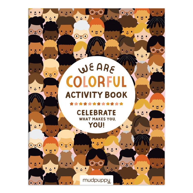 Colorful activity book cover with diverse illustrations and 'Mudpuppy' branding.