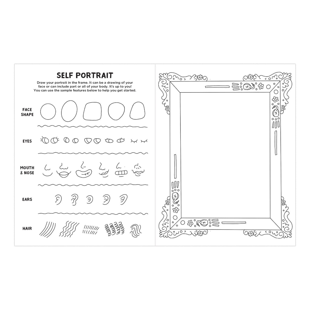 Sheet with self-portrait template and facial features illustration on a white background