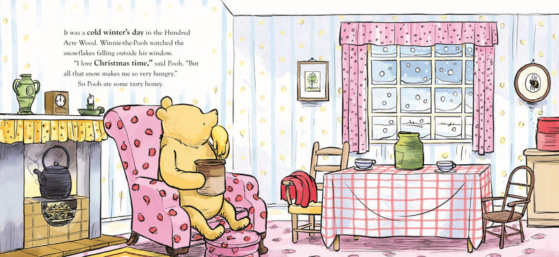 Illustration from Winnie The Pooh A Snowman for Christmas of Winnie the Pooh sitting on a pink chair in a cosy room with a window and table.