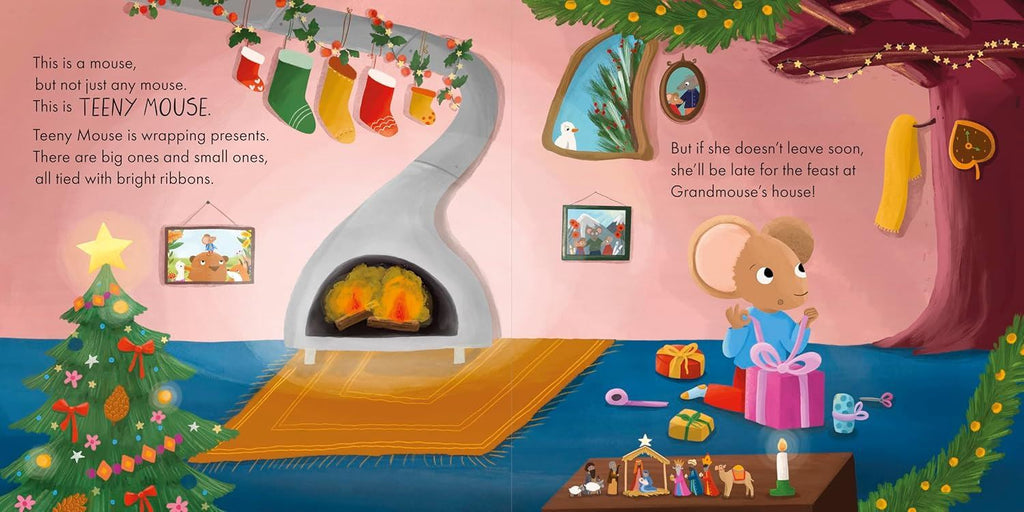 Illustration of a mouse character wrapping presents in a festive room with a Christmas tree and stockings.
