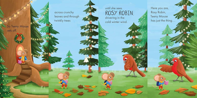 Illustrated book page with a mouse and robin in a forest setting